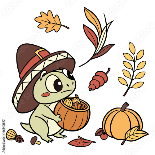 Grumpy expression on a Amphibian in a Thanksgiving theme, with with a giant leaf – Harvest Blessings vector art