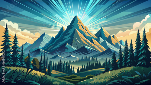 Engraved mountain peaks rise with dignity, forest landscape illustration radiates timeless charm, nature-themed designs whisper calm, horizon breathes poetry, eternal serenity glows gently, harmony in