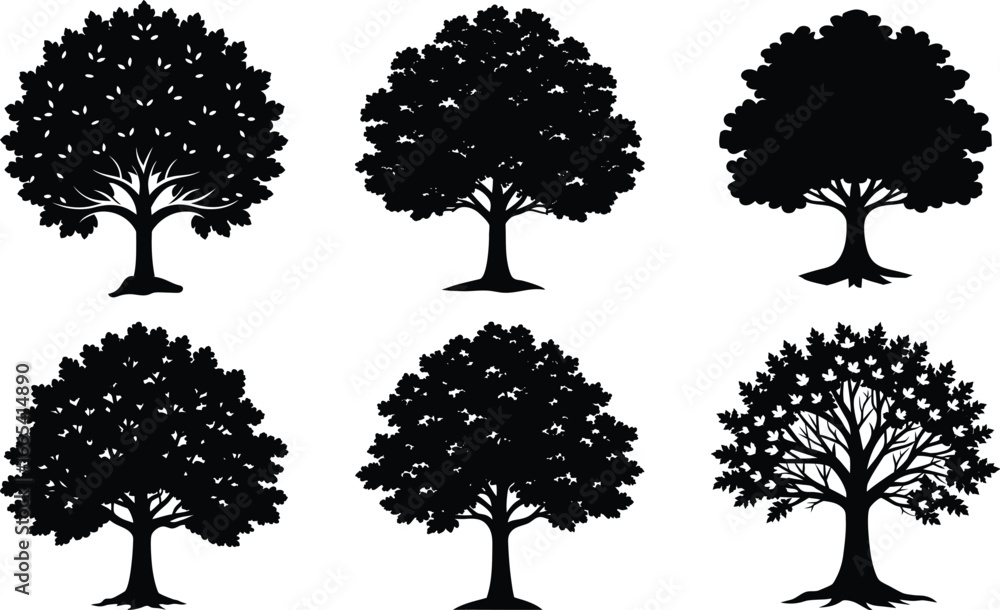 Fototapeta premium Vector art of collection of six stylized black tree silhouettes isolated on a transparent background, representing nature and growth