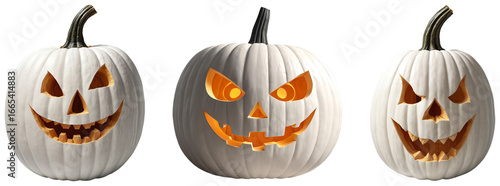 Set of White Jack O Lanterns with Various Carved Faces for Halloween Decorations on a transparent background