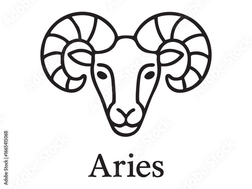 Black outline of zodiac sign aries with ram head, isolated on white background. concept of astrological symbol, horoscope, astrology, icon, design element