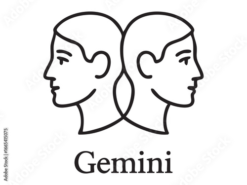 Black outline of gemini zodiac sign with twin faces isolated on white background. concept of astrology, horoscope, twins, symbol, celestial, design element