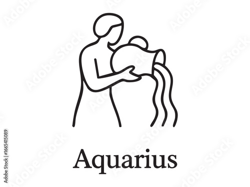 Black outline of aquarius zodiac sign showing human figure pouring water, isolated on white background. concept of astrology, horoscope, aquarius, icon, logo, design element