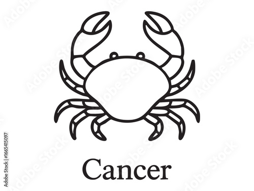 Black outline of cancer zodiac sign with crab symbol, isolated on white background. concept of astrology, horoscope, zodiac symbols, celestial elements, design element