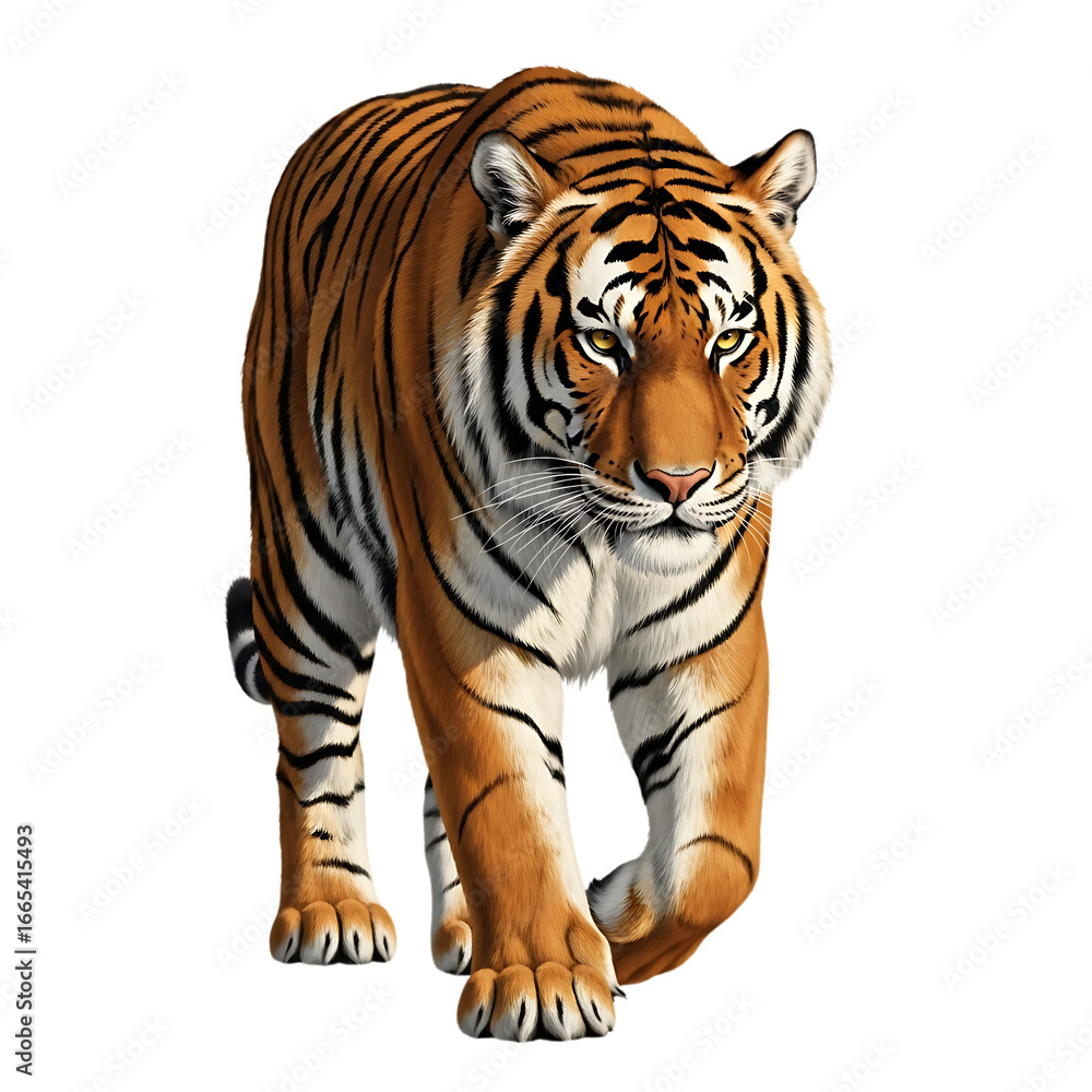 Obraz premium A majestic tiger with striking orange and black stripes walks forward, isolated on a transparent background, showcasing its powerful and fierce presence in a wildlife portrait