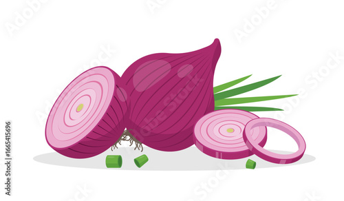 Red Onion. Bulb of onion in peel with green sprout and parts. Cook ingredients, spices. Organic vegetable food. Vector illustration isolated on white background.