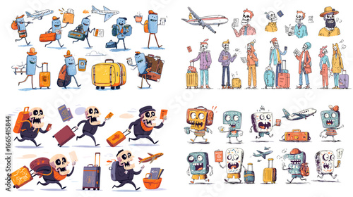Fun and colorful illustration of travelers, airplanes, luggage, passports, and travel icons in a cartoon style, perfect for tourism and vacation themes.
