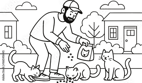 Man feeding stray cats on the street with a bag of food