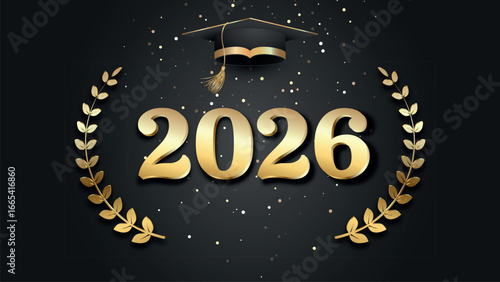 Vector illustration. Class of 2026 badge design template in black and gold colors. Congratulations graduates 2026 banner sticker card with academic hat for high school or college graduation