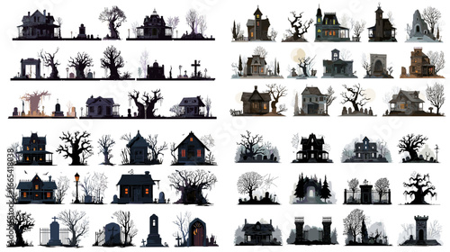 Creepy illustration set of haunted houses, spooky trees, and graveyard silhouettes, perfect for Halloween posters, cards, decorations, and spooky designs.