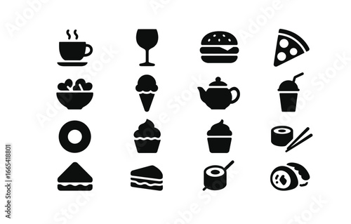 Simple black food icons set with silhouettes of popular beverages and snacks