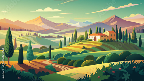 Italian countryside vector unfolds, hill landscape rises with pines and cypresses, morning scenery glows with sunrise light, timeless charm whispers peace, radiant horizon breathes serenity, nature in