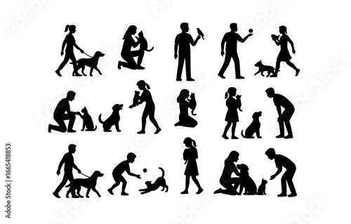 Silhouette collection of people and pets engaging in playful activities