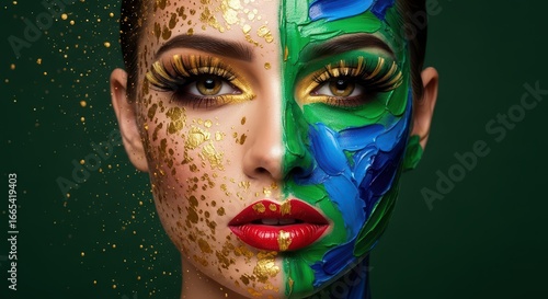Fototapeta Naklejka Na Ścianę i Meble -  Creative Face Art with Half of Face Painted as Earth, Colorful Face Painting Concept, Model with Green and Blue Earth Design, Artistic Makeup and Beauty Photography