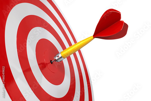 Red and white dartboard with a yellow dart hitting the bullseye isolated on transparent background