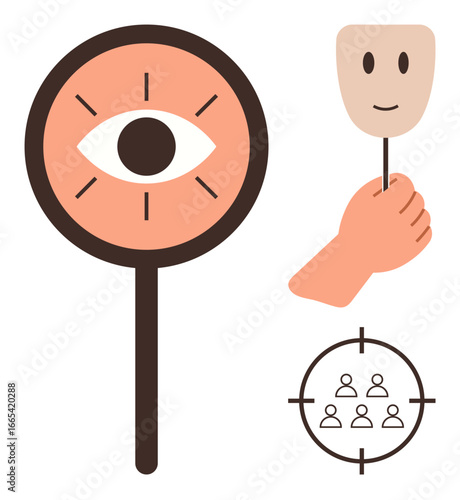 Oversized eye magnified inside lens, hand holding smiling mask, and crosshairs with figures. Ideal for identity, surveillance, analysis, targeting, relationships data behavioral studies. Simple