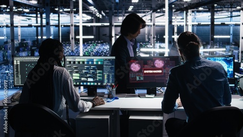 Tableau sur toile Server farm programmers seeing hacking warning, working to secure systems from cyberattack accessing confidential data