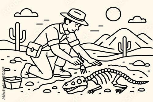 Paleontologist carefully excavating dinosaur fossil in desert landscape