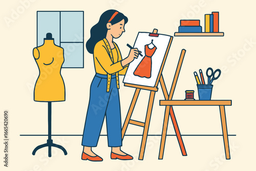 Fashion designer sketching a dress on an easel in a studio