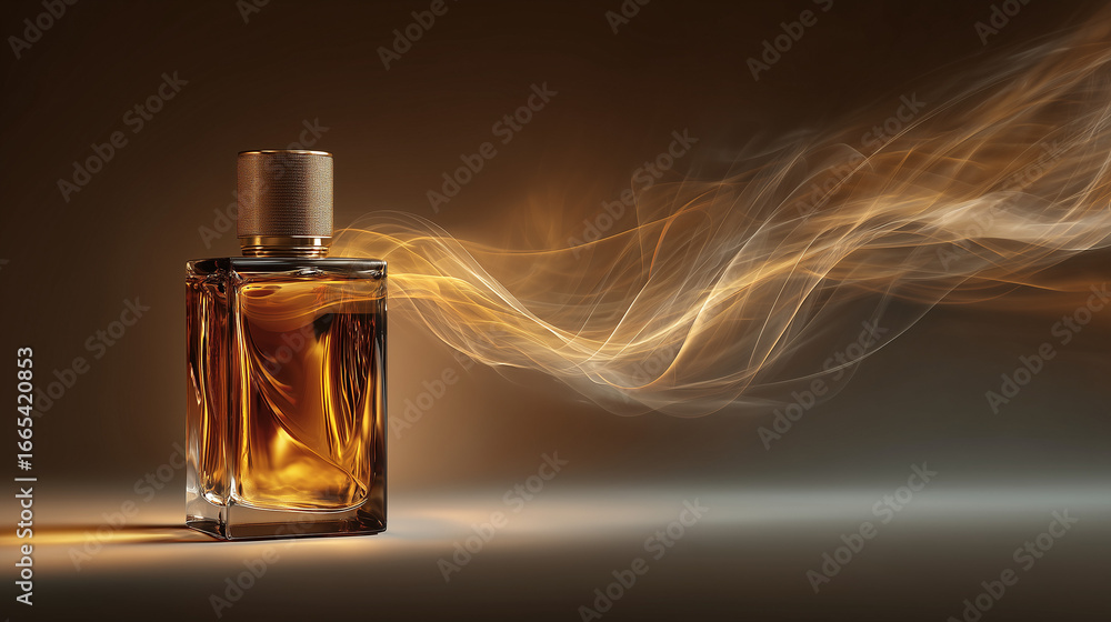 Naklejka premium A glass perfume bottle with a metallic cap. The liquid inside is amber-colored, surrounded by swirling golden smoke against a dark background.