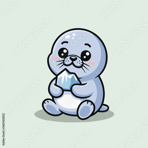 Adorable baby seal sitting and holding an iceberg, cute cartoon character isolated on white background, vector illustration for kids, playful and funny animal