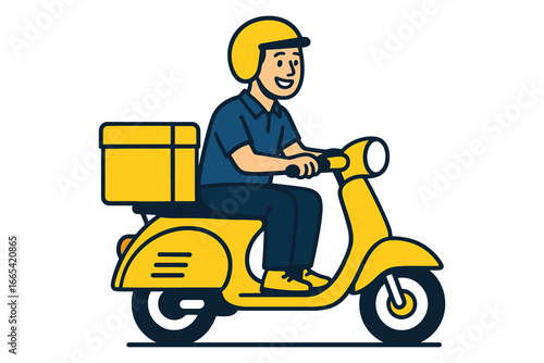 Happy delivery man riding yellow scooter with cargo box