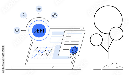 Laptop screen highlights decentralized finance analytics with certificate and icons for home, shopping, and settings. Ideal for finance, technology, blockchain, investment, innovation, analysis