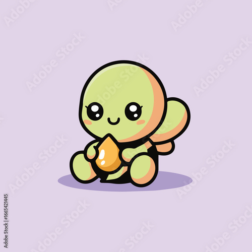 Delightful cartoon turtle holding a honey drop, a charming illustration of a cute reptile character with a sweet smile and playful design, perfect for childrens content