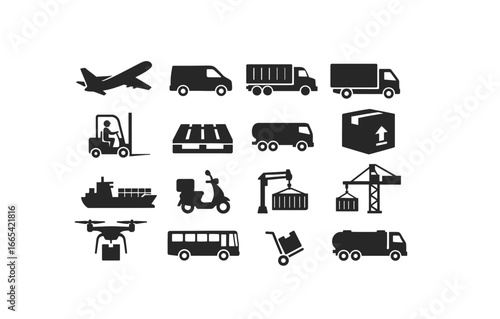 Diverse transportation and delivery icons in silhouette style