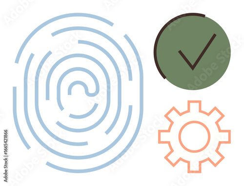 Fingerprint in blue, green checkmark, and orange gear symbolizing security, approval, and technology. Ideal for authentication, efficiency, technology, cybersecurity approval innovation systems