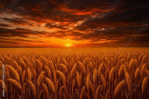 Endless golden wheat field under dramatic sunset sky with orange clouds and warm natural lighting.