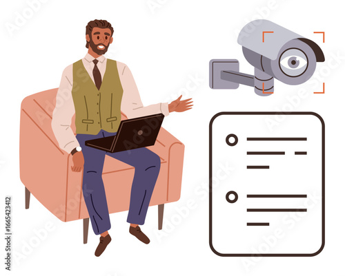 Man sitting on a chair with a laptop gesturing, surveillance camera monitoring, and document checklist. Ideal for security, policy, technology, law, compliance workplace accountability. Simple flat