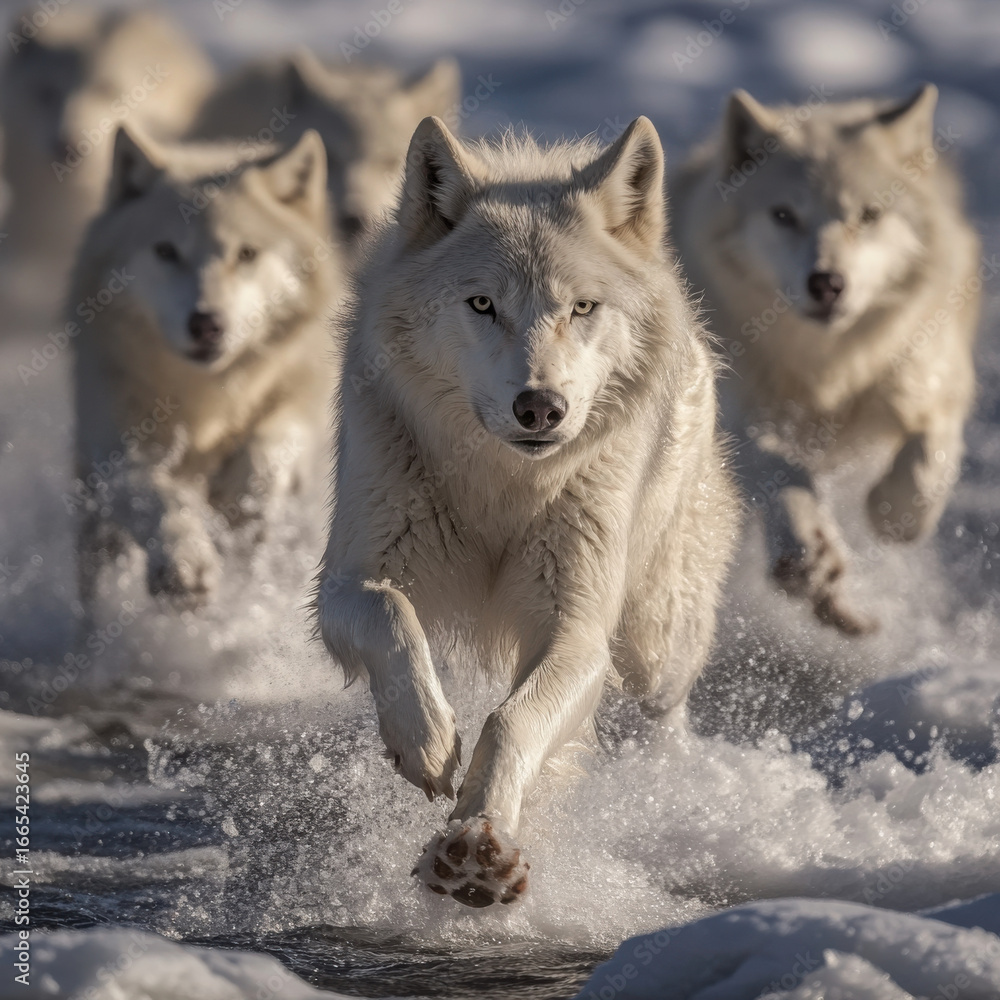 Obraz premium Wolves navigating treacherous icy terrain, their balance and agility showcased in every step, dramatic and intense, copy space. 