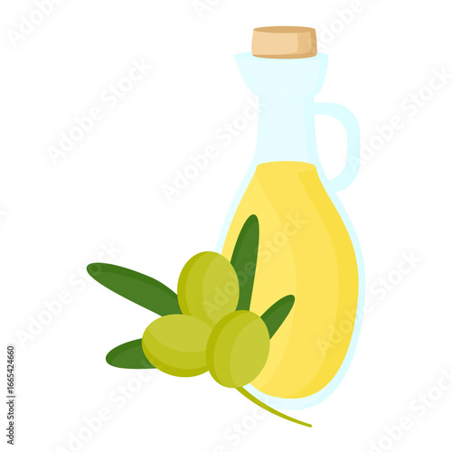 Illustration of Olive Oil in Glass Bottle with Fresh Green Olives and Leaves Perfect for Graphic Design Healthy Food Poster Cooking Recipes and Mediterranean Cuisine Content