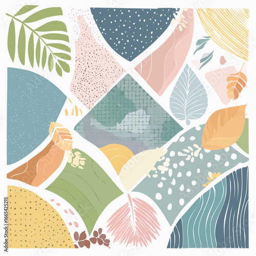 Collage vettoriale con foglie, texture di carta, doodle disegnati a mano e forme geometriche in stile moderno