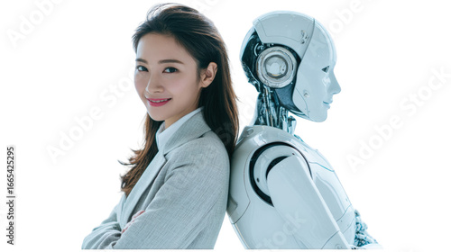 Confident Asian businesswoman and a sleek white humanoid robot standing back-to-back in a collaborative pose.