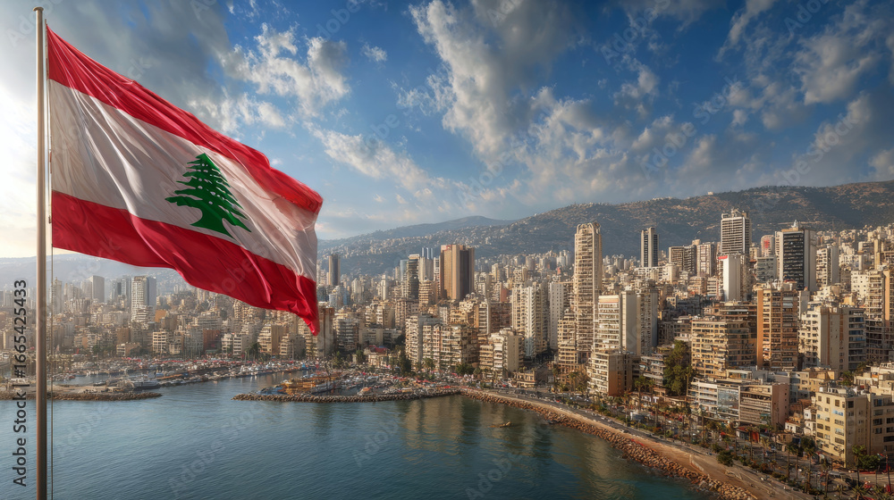 Fototapeta premium Vibrant Lebanon flag waving against a backdrop of Beirut cityscape on Independence Day