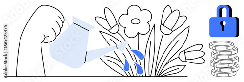 Hand pours water on blooming flowers representing nurturing growth. Nearby are a lock for security and coins for financial management. Ideal for finance, growth, protection, savings, investment