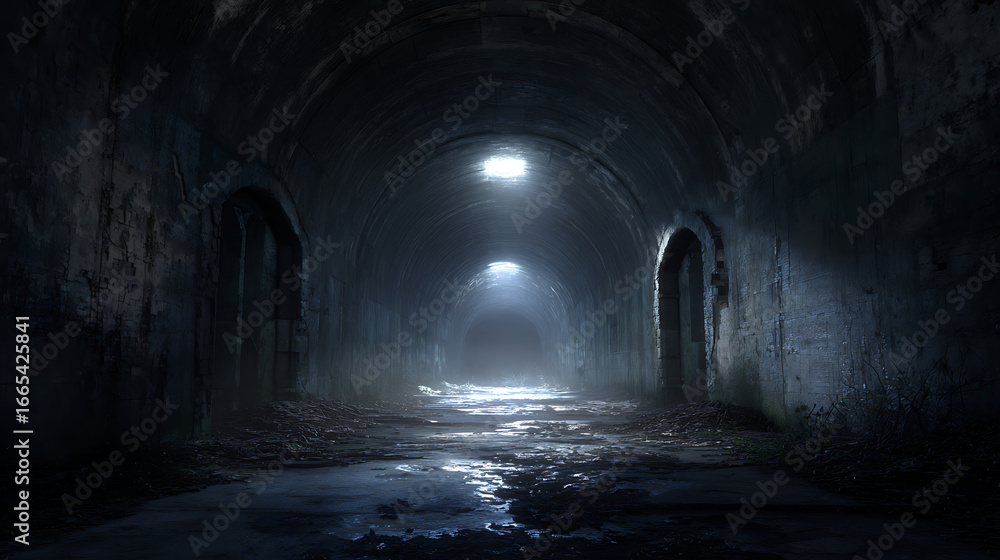 Obraz premium Mysterious underground tunnel illuminated by dim lights in a dark, damp environment