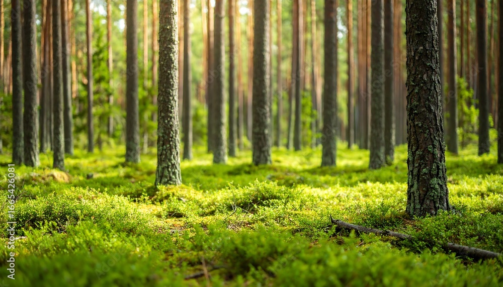Fototapeta premium Sunlit Pine Forest with Green Moss.