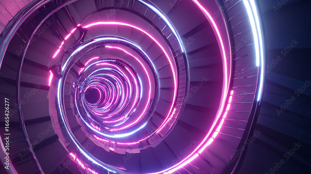 Obraz premium Vibrant spiral tunnel illuminated by colorful neon lights in a futuristic setting at night showcasing dynamic motion Generative AI