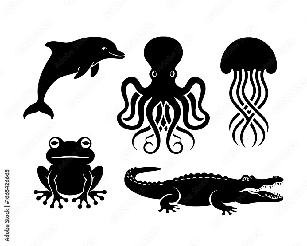 Fototapeta premium Ocean & River Creatures - Marine Silhouette Icon Set