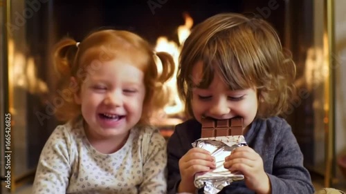 Two young kids sitting together sharing chocolate, giggling with pure happiness, cozy indoor setting