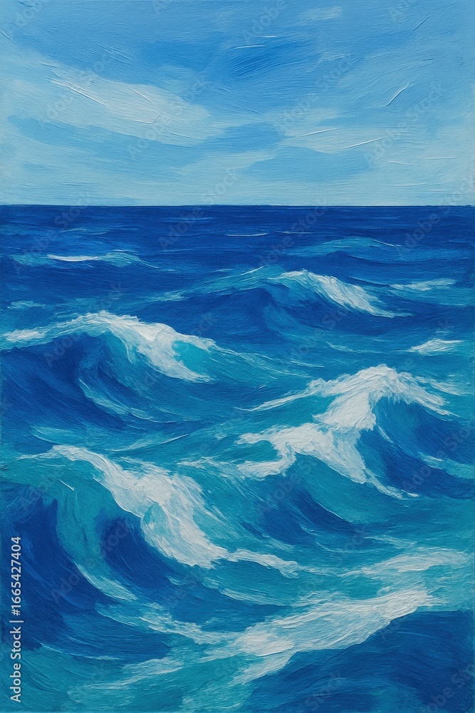 Fototapeta premium Oil painting of abstract ocean waves in blue tones, dynamic seascape with textured brush strokes and white foam details.