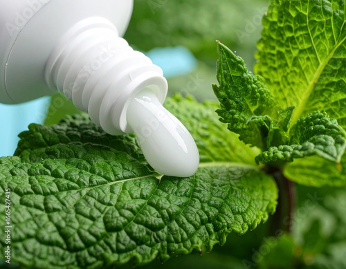 Fresh mint toothpaste on green leaves