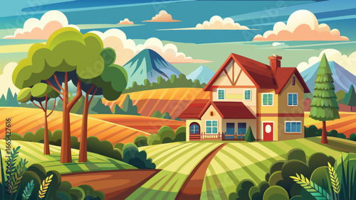  very beautiful Summer village landscape with house, fields, trees, sky with clouds. Vector illustration.
