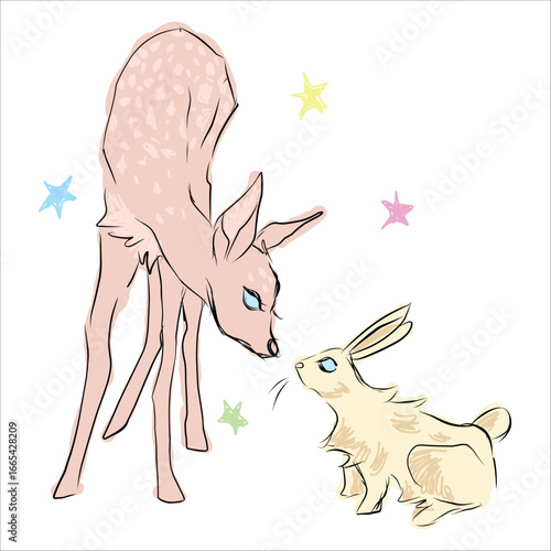 A young deer and a baby rabbit get acquainted, sniff and study each other. Friendship. Cute funny hand-drawn illustration. Vector. Soft pastel colors. Positive. Festive. Design for postcards, stickers