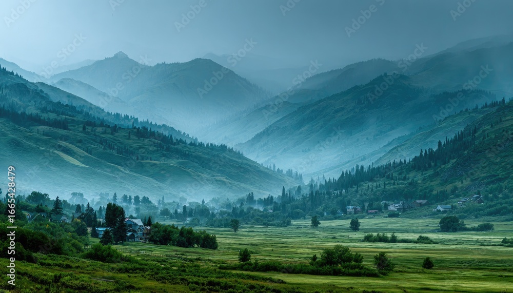 Obraz premium Misty valley nestled in a mountain range