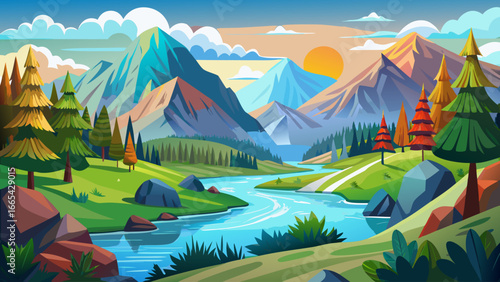  very beautiful Scenic landscape illustration featuring mountains river and greenery in a flat design