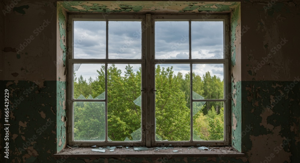 Fototapeta premium Looking through a broken window at a lush green forest on a cloudy day, conveying a sense of abandonment and nature's resilience